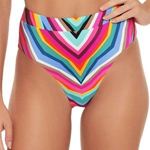 NEW Trina Turk Louvre Reversible Stripe/Solid High Waist Sash Bikini Swim Bottom